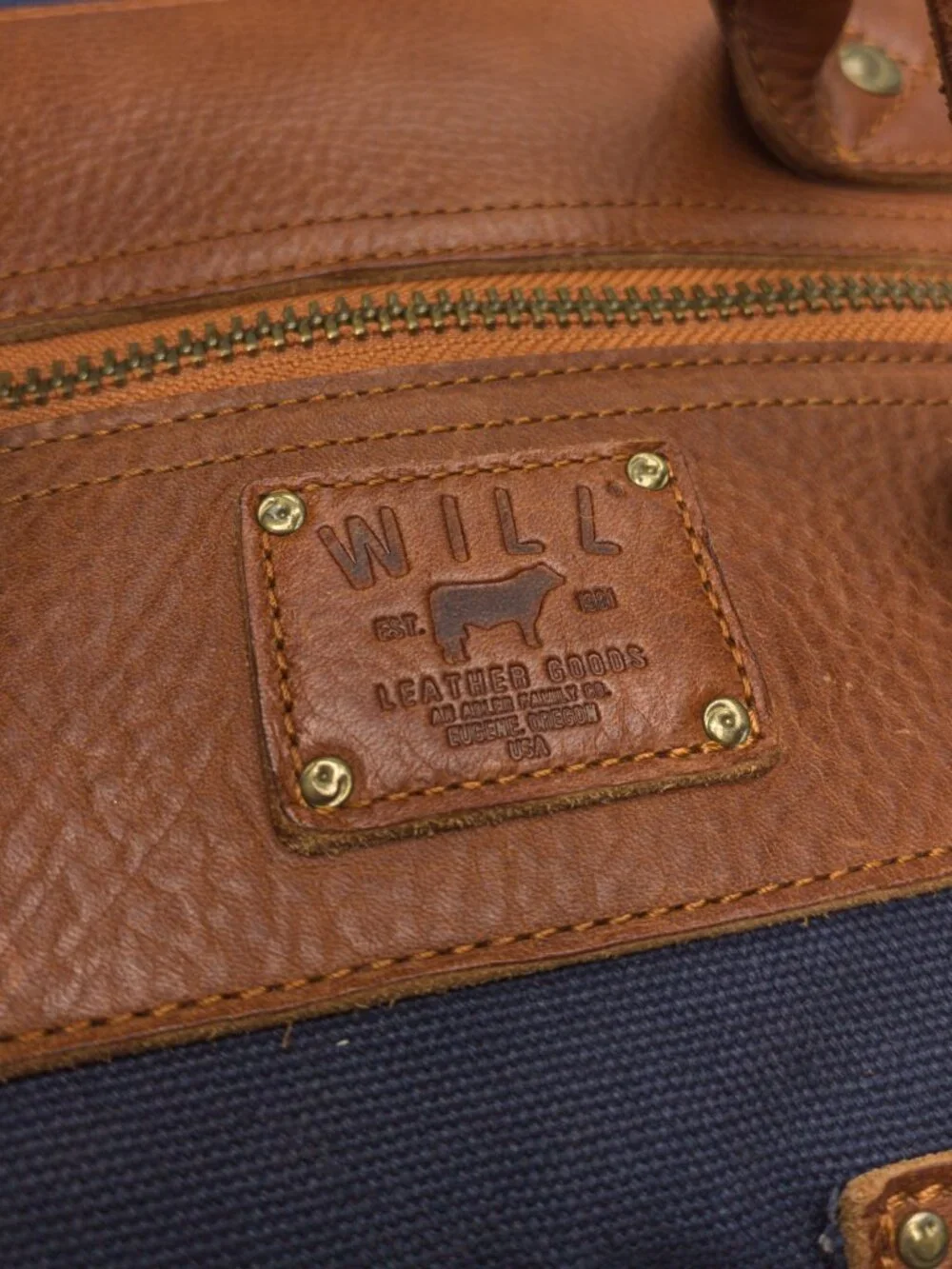 Will Leather Goods Canvas + Leather Travel Duffle, Navy/Tan, 20x13x10